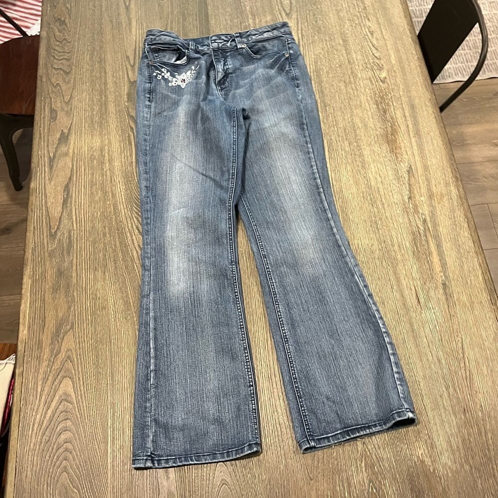 Gitano Flare Jeans Mid Rise Denim Floral Print Sequin Medium Wash Blue Size 10